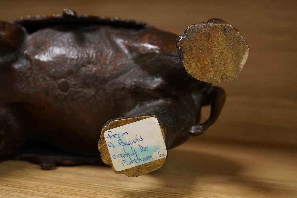 A novelty late 19th/early 20th century bronze inkwell in the form of an Indian elephant, 27cm wide